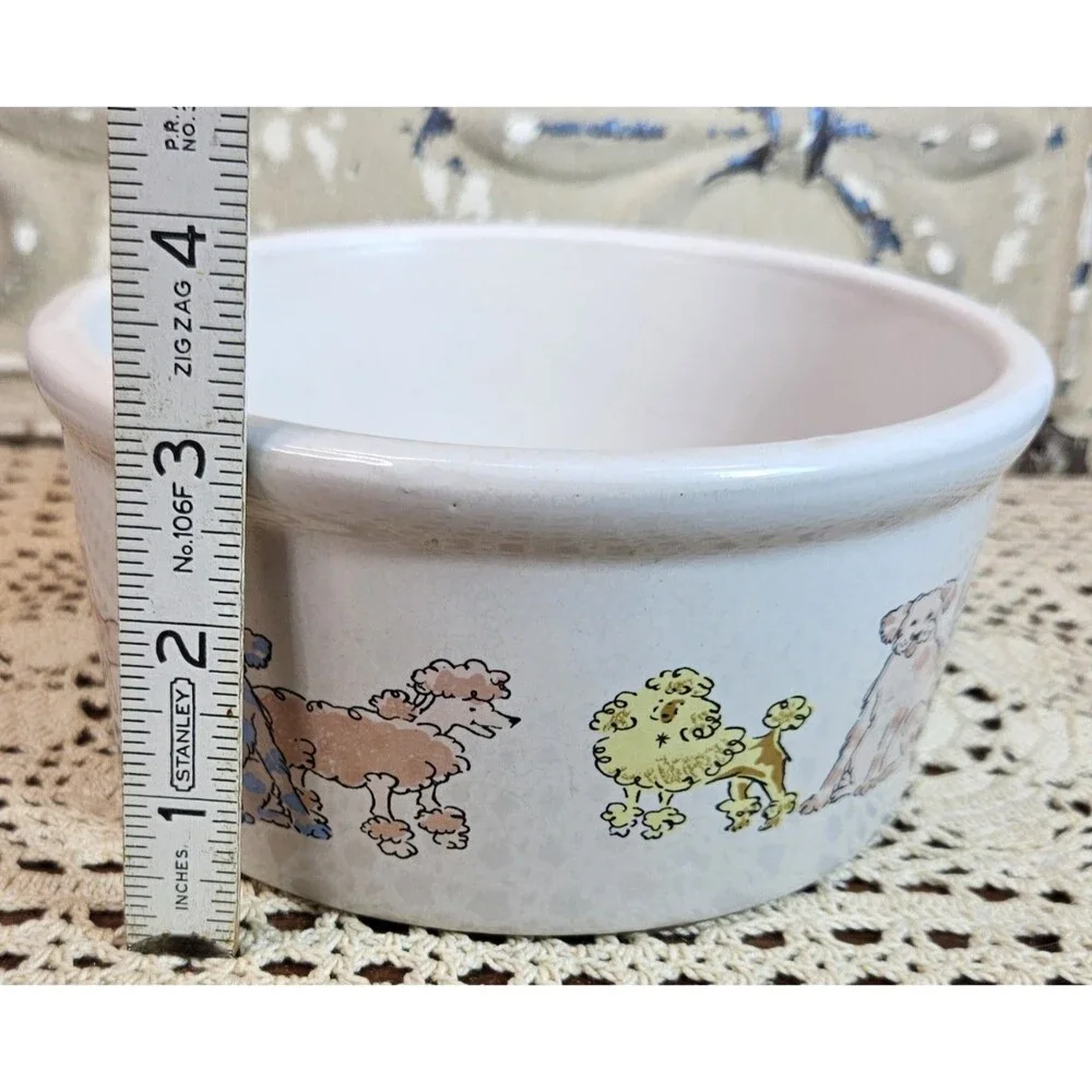 Vintage Ceramic White Dog Food Dish Bowl w/ Cartoon Dogs Different Breeds